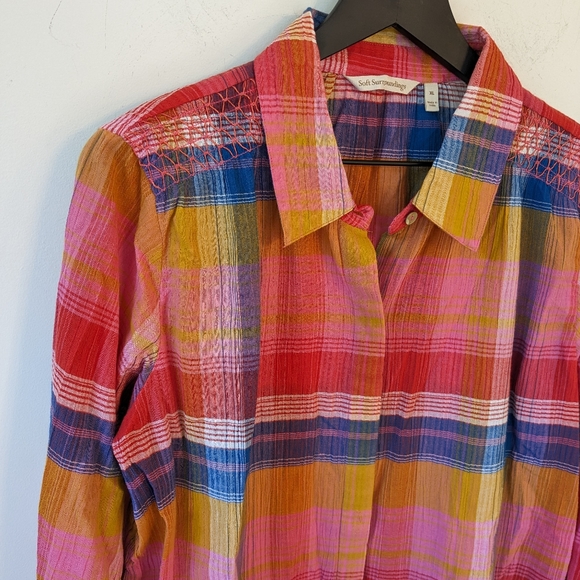 Soft Surroundings Sansonne Shirt Multi Plaid Gauzy Cotton Smocked Embroidered - Picture 2 of 7